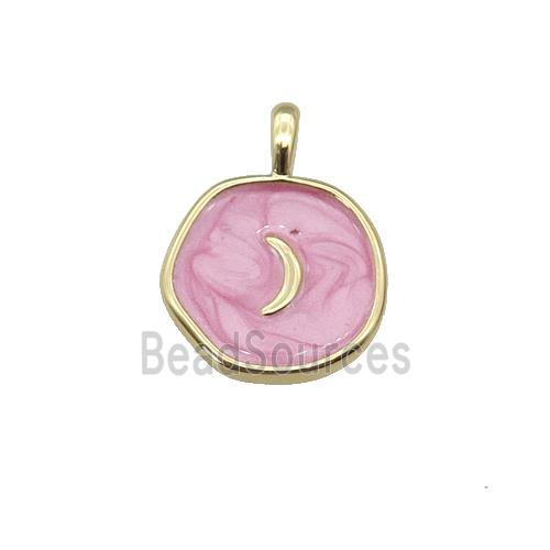 copper coin pendant with pink enamel, moon, gold plated