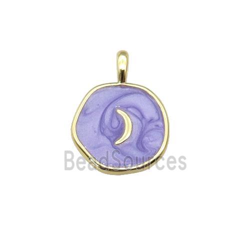 copper coin pendant with lavender enamel, moon, gold plated