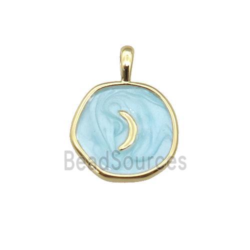 copper coin pendant with teal enamel, moon, gold plated