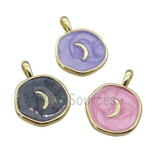 copper coin circle pendant with enamel, moon, gold plated, mixed