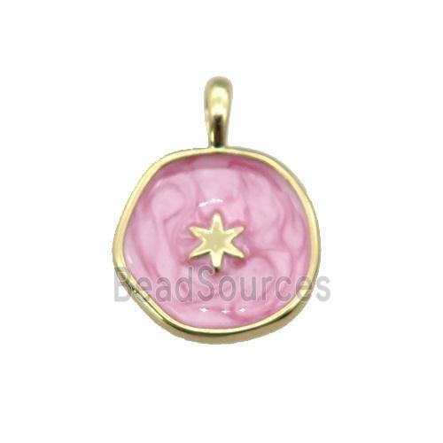 copper coin pendant with pink enamel, star, gold plated