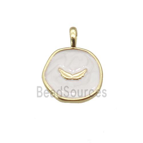 copper coin pendant with white enamel, wing, gold plated