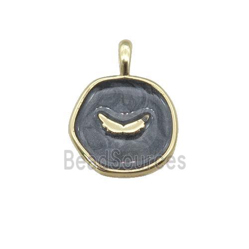 copper coin pendant with balck enamel, wing, gold plated