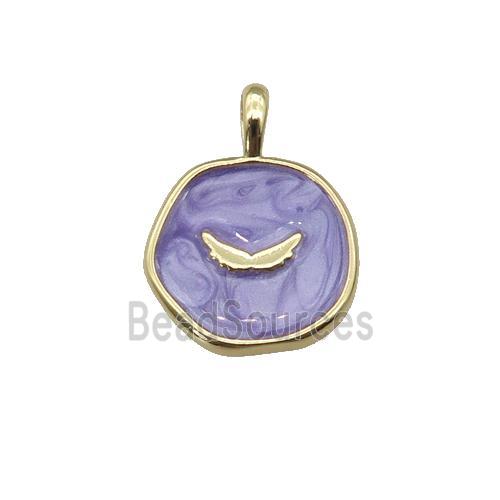 copper coin pendant with lavender enamel, wing, gold plated