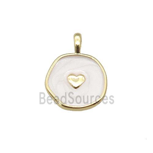 copper coin pendant with white enamel, heart, gold plated