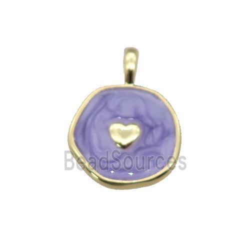 copper coin pendant with lavender enamel, heart, gold plated