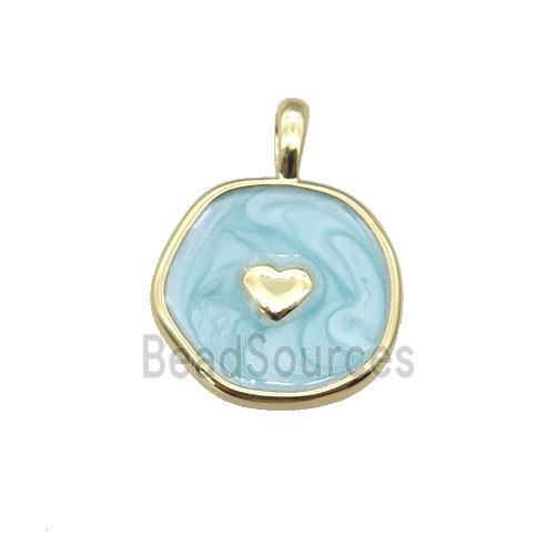 copper coin pendant with teal enamel, heart, gold plated