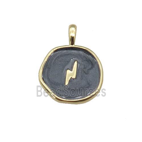 copper coin pendant with black enamel, lightning, gold plated