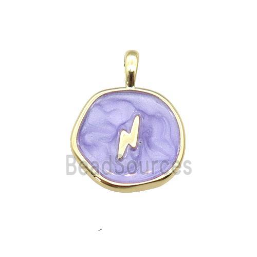 copper coin pendant with lavender enamel, lightning, gold plated