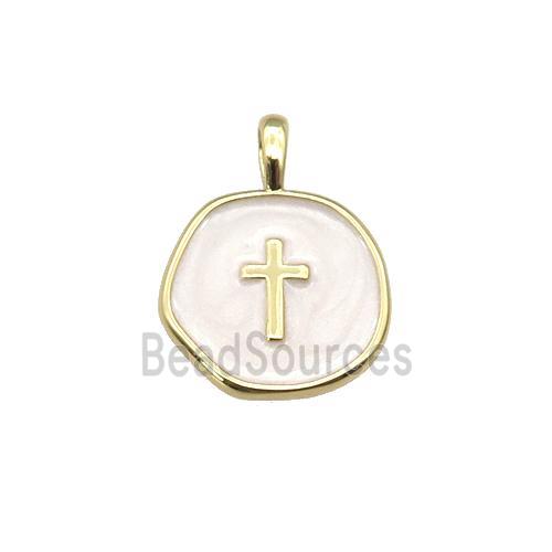 copper coin pendant with white enamel, cross, gold plated