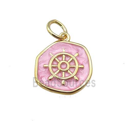 copper coin pendant with pink enamel, ships wheel, gold plated