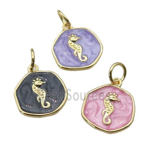 copper coin circle pendant with enamel, seahorse, gold plated, mixed