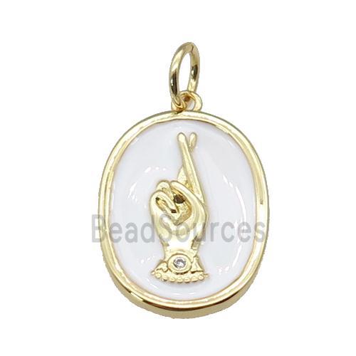 copper oval pendant with white enamel, hand, gold plated