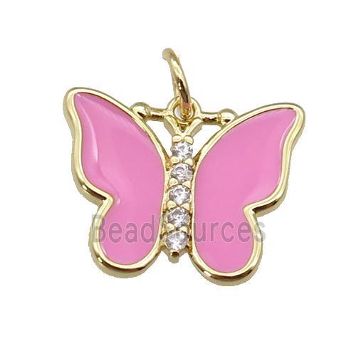 copper Butterfly pendant paved zircon with pink enamel, gold plated