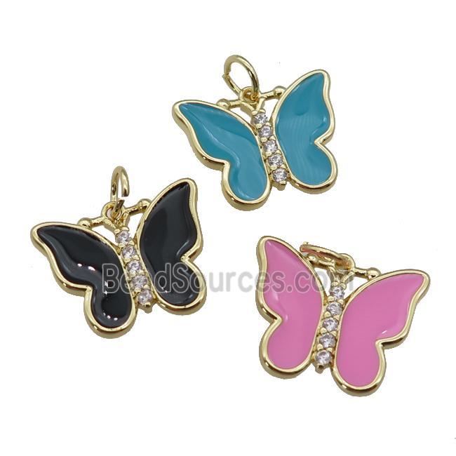 copper Butterfly pendant paved zircon with enamel, gold plated, mixed