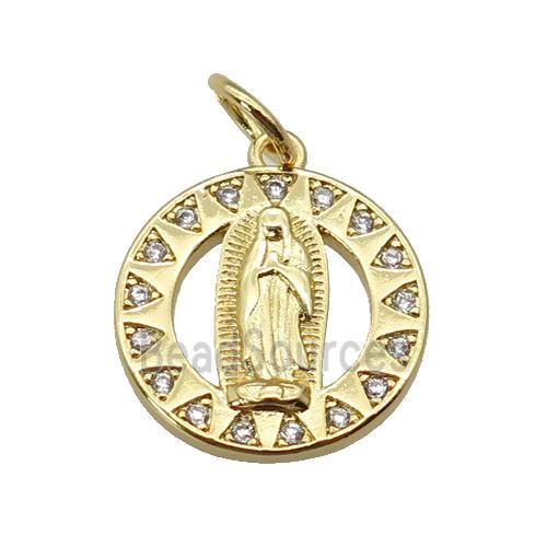 copper Virgin Mary pendant paved zircon, gold plated