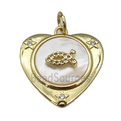 copper Heart pendant paved zircon, fish shell, gold plated