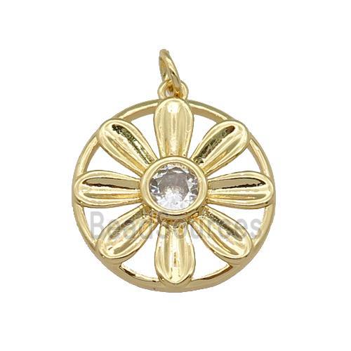 copper Daisy flower pendant paved zircon, gold plated