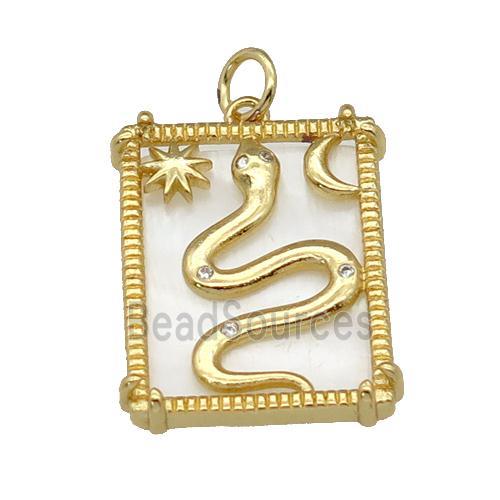 copper Frame pendant paved zircon, snake moon, shell, gold plated