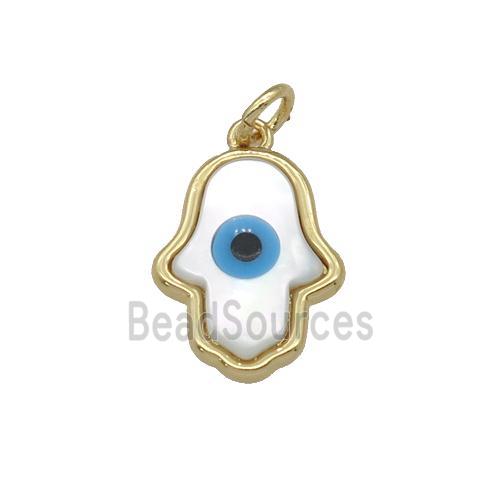 copper hand pendant with Pearlized Shell Evil Eye, gold plated