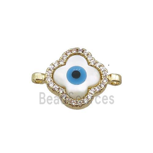 copper clover connector paved zircon with Pearlized Shell Evil Eye, gold plated