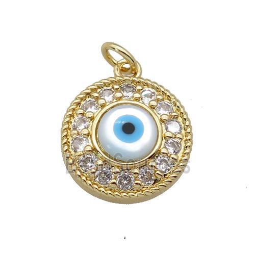 copper circle pendant paved zircon with Pearlized Shell Evil Eye, gold plated