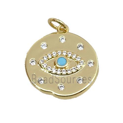 copper circle pendant paved zircon, eye, gold plated