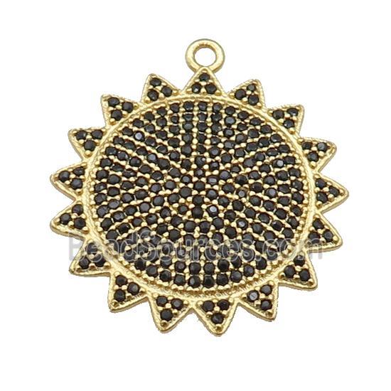 copper Sunflower pendant paved black zircon, gold plated