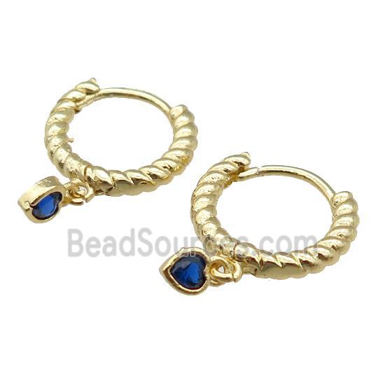 copper Hoop Earring with heart paved blue zircon, gold plated