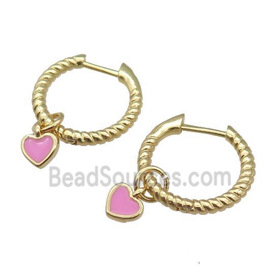 copper Hoop Earring with pink enamel heart, gold plated