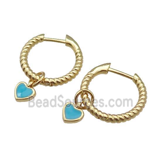 copper Hoop Earring with teal enamel heart, gold plated