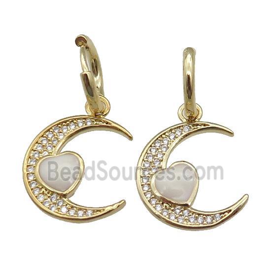 copper Hoop Earring with Moon paved zircon, white enamel heart, gold plated