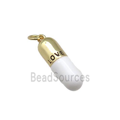 copper Pill Charm pendant with white enamel, LOVE, gold plated