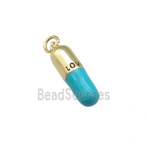 copper Pill Charm pendant with teal enamel, LOVE, gold plated