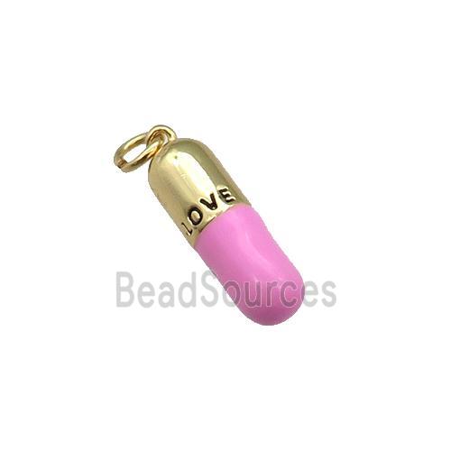 copper Pill Charm pendant with pink enamel, LOVE, gold plated