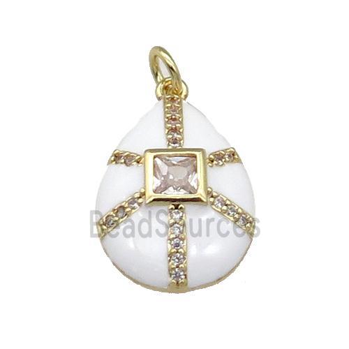 copper teardrop pendant paved zircon, white enamel, gold plated