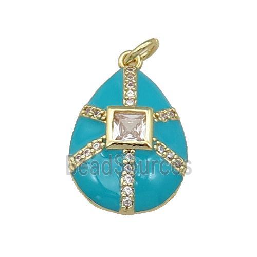 copper teardrop pendant paved zircon, teal enamel, gold plated