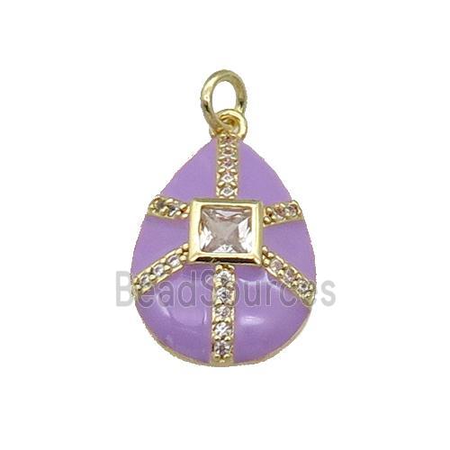 copper teardrop pendant paved zircon, purple enamel, gold plated