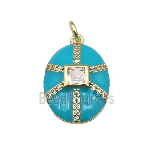 copper oval pendant paved zircon, teal enamel, gold plated