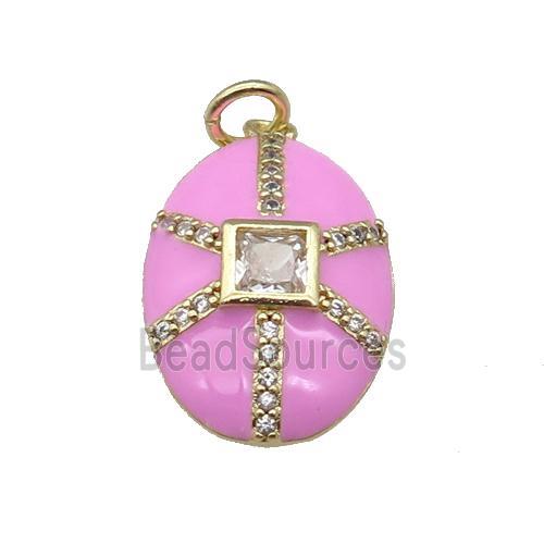 copper oval pendant paved zircon, pink enamel, gold plated