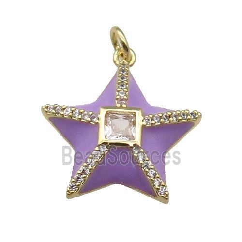 copper star pendant paved zircon, purple enamel, gold plated