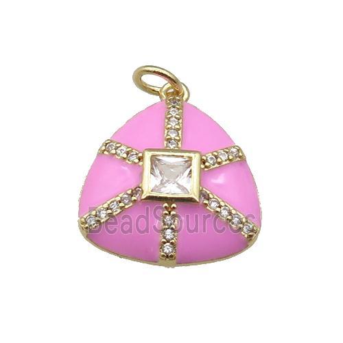 copper triangle pendant paved zircon, pink enamel, gold plated