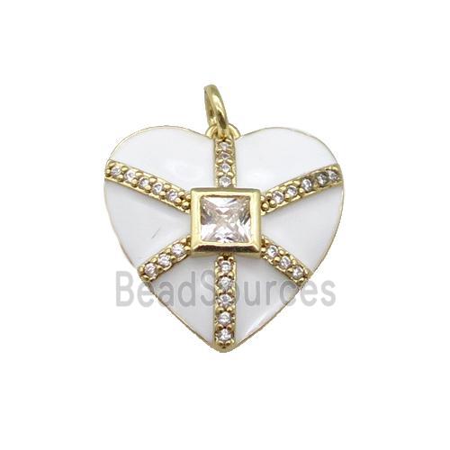 copper heart pendant paved zircon, white enamel, gold plated