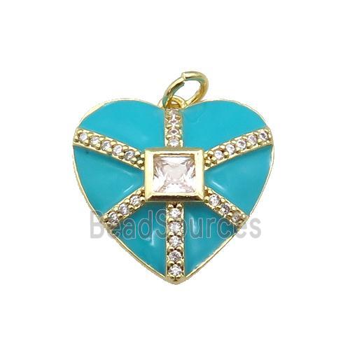 copper heart pendant paved zircon, teal enamel, gold plated