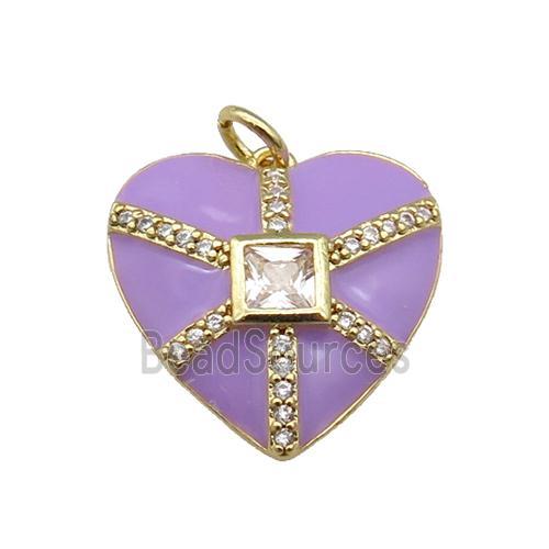 copper heart pendant paved zircon, purple enamel, gold plated