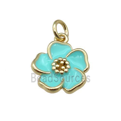 copper Flower pendant with teal enamel, gold plated