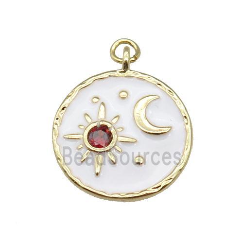 copper Circle pendant paved zircon with white enamel, moon, sun, gold plated