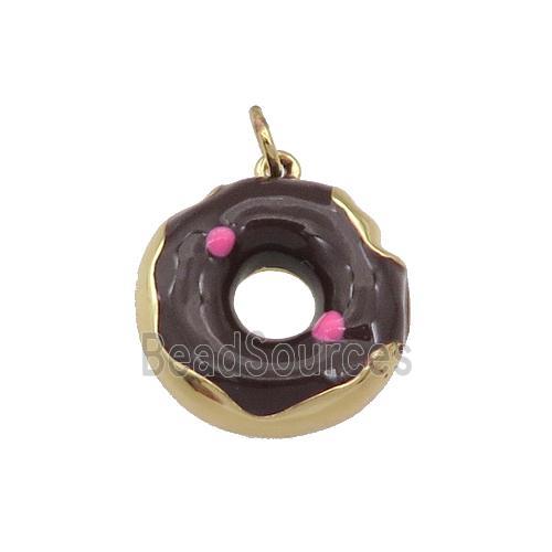 copper Donut charm pendant with black enamel, gold plated