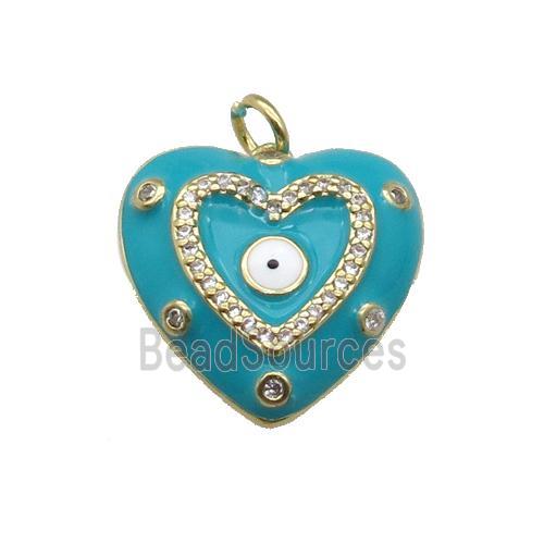 copper Heart pendant with teal enamel, evil eye, gold plated