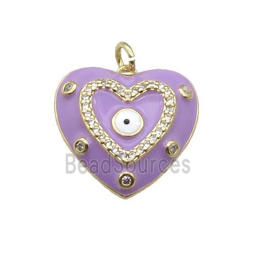 copper Heart pendant with lavender enamel, evil eye, gold plated